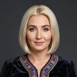 a portrait of a Eurasian woman from Kyrgyzstan. 34 years old. Platinum blond hair color. Bob hair style