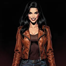 Rafael Albuquerque comic cover art, loish, Lois Van Baarle, pretty female Samara Weaving vampire, very sharp fangs blood on face face, sarcastic smile, symmetrical eyes, symmetrical face, brown leather jacket, jeans, long black hair, middle shot, highly saturated, deep blacks