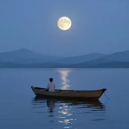 A beautiful small boat alone on a lake at twilight with calm waters, the moon shines from above causing light ripples in the water. A small and calm traveller sits in the boat, at peace with himself and the world. A digital art piece designed to spreader unending tranquility. Tranquil dreams of tepid water, a moment frozen in time. Trending on art station, an award winning masterpiece