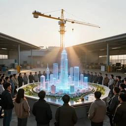 crane shot of large group people in open warehouse, looking at hologram of futuristic city on a table, cinematic still, godrays, golden hour, natural sunlight, 4 k, clear details, tabletop model buildings, tabletop model, ethereal hologram center, crane shot, crane shot, rule of thirds, people foreground
