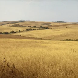 a dry flat land of rolling pastures and farms!! with yellow!!! and brown!!! grass, medieval era, by asher brown durand and chesley bonestell