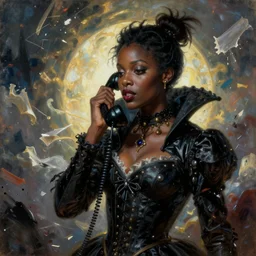 a messy painting of heaven's just a kiss away, black queen waiting by phone, in the style of delphin enjolras, intricate, ultrarealistic, cinematic, dynamic lighting, artstation.