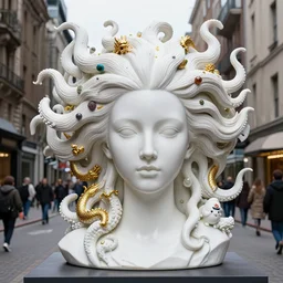 3 d beautiful white porcelain female, giant head sculpture on a plinth in city street, with microscopic plankton all through her hair, flowing massive hair, thick octopus tentacles and chinese gold dragons, 3 d art by theodor seuss geisel and daniel arsham and xiang duan