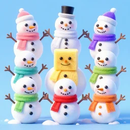 nine detailed fun render of a extremely festive snowman sponge with pink scarf, yellow scarf, white scarf, purple scarf, green scarf, red scarf, orange scarf