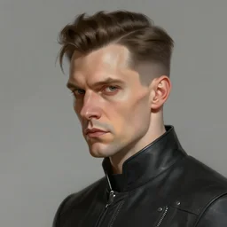 Portrait of a man by Greg Rutkowski, he is about 40 years old, mixture between russian and irish, side parted combover brown hair, attractive, NARROW sharp ANGULAR hawkish features, hooked nose , extremely pale white skin, smart looking, he is wearing a black futuristic lawyer outfit, highly detailed portrait, scifi, digital painting, artstation, concept art, smooth, sharp foccus ilustration, Artstation HQ
