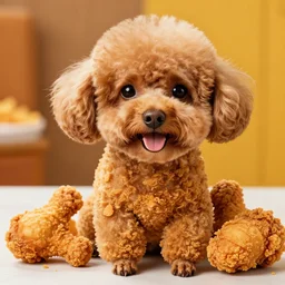 A poodle made out of crispy fried chicken, high resolution photo, popeyes fried chicken dog