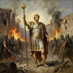 roman imperial standard in front of burning roman buildings and rubble and gothic raiders,early medieval, oil painting,  cinematic, late antiquity, roman