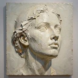 looking up at a gigantic three - dimensional thick impasto oil painting in the shape of a woman's head, lots of thick encrusted paint, wet paint is oozing down over the face like wax on a candle, no skin or hair, or frame visible, lit from top right