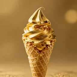 golden icecream cone made of gold, atmospheric, golden, shiny, beautiful, food photography