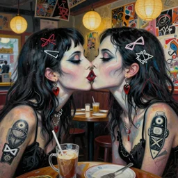 beautiful painting of two bizarre psychedelic goth women kissing each other closeup in a cafe in japan, speculative evolution, mixed media collage by basquiat and jackson pollock, magazine collage art, sapphic art, lesbian art