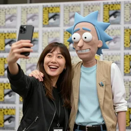Heinz Doofenshmirtz takes a selfie with Rick Sanchez at a Comic Con Convention, Realistic, HD Quality, 8k Resolution, Digital Art, Trending on Artstation
