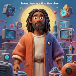 stylish 3 d vfx - movie poster - art of an african jesus in a surrounded by technology, art style by james jean & hsiao - ron cheng, unreal engine render, digital illustration, sharp, intricate detail, volumetric lighting, ray tracing, soft light, colourful, claymation style, symmetry, drew struzan style, acrylic on canvas, pinterest, artstation, behance