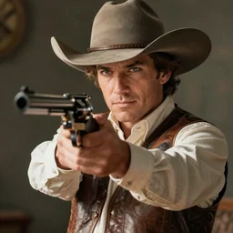 A cowboy pointing a revolver at the camera