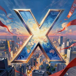an epic comic book style painting of the uppercase letter x towering over the world, the letter x, font, letters, tokyo cityscape with ribbons, banners and ribbons, trending on artstation, dynamic lighting