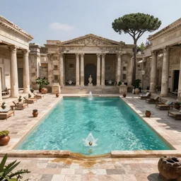 a detailed photorealistic picture of an elegant pool in ancient Rome, shot in wide angle, photorealistic lighting, ultra detailed