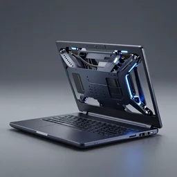 generative design exoskeleton laptop computer, dark plastic, glowing lights, product shot, depth of field, octane render
