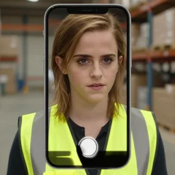 photo, close up, emma watson in a hi vis vest, in warehouse, soft light, android cameraphone, snapchat story screenshot, 2 6 mm,