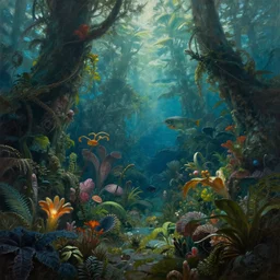 An epic tropical underwater forest jungle, exotic flora, by Wayne Barlowe, by Bruce Pennington, by Paul Lehr, masterpiece, oil on canvas, trending on artstation, top on pixiv, cinematic composition, dramatic scene, beautiful aesthetic lighting, artgem, concept art, sharp, high details, hyper-detailed, astrophotography, no frames, 8K