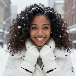 close up portrait of gorgeous african - american woman smiling in a white parka and white gloves, falling snowflakes, snow covered urban background by artgerm, cushart krenz, greg rutkowski, mucha. art nouveau. gloomhaven, queen of winter, vibrant colors, sharp edges. ultra clear detailed. 8 k. elegant, intricate, octane render