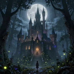 stormy night, created by jan urschel and sylvain sarrailh, in the misty moonlight and mysterious fantasy forest, a huge fairy magic school castle, castle, many fireflies, shimmering effect, magnificent color matching, realistic matte painting, dressed, concept art, western magic forest, trending on artstation