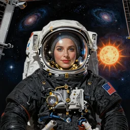 “astronaut on board international space station wearing black space suit and gold helmet and ornaments, highly detailed, realistic, sparkle, portrait, no flag patch, symmetrical, photorealistic, proportional, beauty, fish eye lens, nasa, spacex, galaxies, in the style of Edward hooper oil painting sun rising”