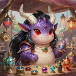 a cute painting, adorable very short fat obese kobold dragoness artificer with long black hair and red eyes and purple scales and 4 white horns, selling magical gadgets at her stall in the fantasy market, intricate, highly detailed, artstation, concept art, smooth, sharp focus, colorful scene, art by artgerm and greg rutkowski and wlop