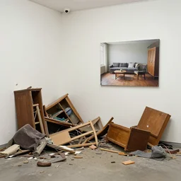 1 9 3 0 s haunting by pegi nicol macleod, by simon birch. a sculpture of a room that is wrecked, furniture overturned, belongings strewn about, & debris everywhere. the only thing left intact is a photograph on the wall shows a tidy, well - appointed space, with everything in its place.