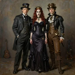 Richard Schmid and Jeremy Lipking full length portrait painting of a young beautiful victorian steampunk vampire woman