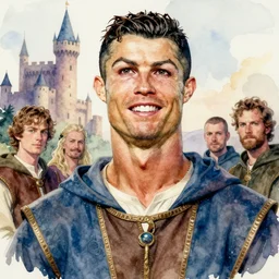 Cristiano Ronaldo, in love, happy, wearing blue and brown medieval robe, WLOP, artgerm, Jason Chan, Charlie Bowater, Sergey Kolesov, medieval, fantasy d&d, watercolor on paper, hyper detail portrait, closeup on face, dark pastel castle background