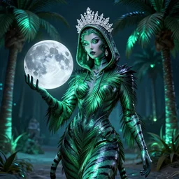 hyper detailed ultra sharp portrait of baroque and bladerunner delicate neon emerald and black sculpture of ( seductive albino diety xavier serrano ) ( ( striped tigers ) ) wearing ( ( metallic hoody made out of palm leaves ) ) ( holding the moon ) beach dungeon, glowing palm trees, crown of white diamonds, cinematic lighting, photorealistic, octane render 8 k depth of field 3 d
