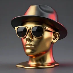 a head made out of melting metal, it is of black and golden and red color, it is wearing sunglasses and a hat, there are flowers all around it, blue paint melting, vogue cover style, greg rutkowski style, demonic style, splash style, artgerm style, basquiat style
