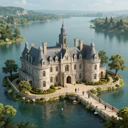 A beautiful 3d render of a sprawling manor in an aquatic dreamscape by hubert robert and Lee Madgwick and roger dean and jacek yerka, dan mumford and alex grey style, soft lighting, 4k hd wallpaper
