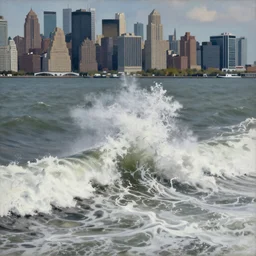 tidal wave crashing over manhattan, bird's eye view, wide shot, cinematic, realistic style painting
