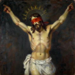 mural of blindfolded!!!! jesus christ, painting by phil hale, fransico goya, ominous, visible brushstrokes, motion blur, blurry
