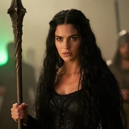 epic photo of young demi moore as beautiful medieval sorceress with very long black hair, battle scene, holding her wizard staff, sweaty, neutral expression, perfect likeness, rim light, low contrast, soft light, shallow depth of field, photorealistic, cinematic lighting, lovely bokeh, warm colours, dawn, movie quality, green glow from the left, excalibur 1 9 8 5, movie still, cinemascope
