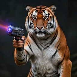 “portrait of tiger in the style of metamask holding a laser gun, with a dark background behind him”