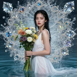 portrait of a beautiful woman wearing a white dress, holding a bouquet of flowing flowers, drenched body, wet dripping hair, emerging from the water, fantasy, regal, fractal crystal, fractal gems, by stanley artgerm lau, greg rutkowski, alphonse mucha, loish, norman rockwell