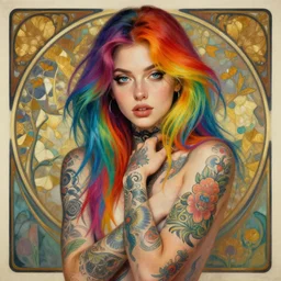 a young woman with beautiful rainbow hair and lots of tattoos on her arms and chest. beautiful painting by artgerm and greg rutkowski and alphonse mucha