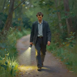 A man walking on a path in the woods, he’s holding a flashlight, impressionist art