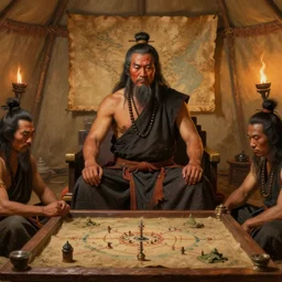 close - up portrait of smart three tai warriors sit around pretty face tai warlord who sit on the thone in tai ancient war traditional tent, with strategical sandbox on the woonden table and old leather map on the wall, minimal interior decoration, light from bonfires and torches, high - detailed face, detailed and intricate environment, oil painting, detailed and intricate environment, digital