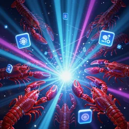 beams penetrating space, crayfish surrounded, entwined, pierced by internet hyperlinks and icons | | cyberpunk, artgerm, octane render, raytracing, 8 k, hd, vibrant, escher, tsutomu nihei, neon, masterpiece