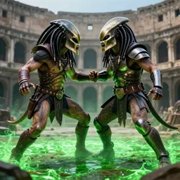 the predator alien with mask on fighting a spartan warrior in a roman coliseum, green glowing fluid on the ground and on the predator