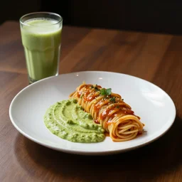 a professional food photography of an avocado juice mixed with sauce and spaghetti on a plate, on wooden table, lightning from side, low depth field