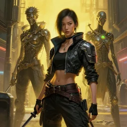 ming na wen as cyberpunk street samurai,, atmospheric lighting, painted, intricate, golden hour, ultra detailed by peter gric, giger, enki bilal