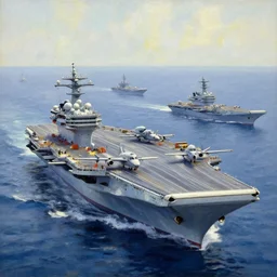 aircraft carrier battle group, wide shot, oil painting, several ships