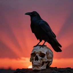 raven sitting on skull, photography by frans lanting, sunset, crepuscular rays, red sky