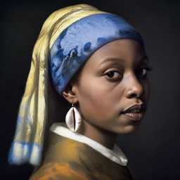 a black african woman with a cowry shell ear ring, colourful background, by vermeer