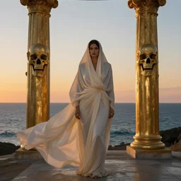 A woman wrapped in billowing veils in the sea, under two gilded Roman columns made of human bones, sunset, super photo-realistic
