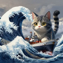 a giant tsunami wave with cat size ship, digital painting, epic composition, highly detailed, 8 k