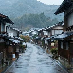 A japanese village in pouring rain